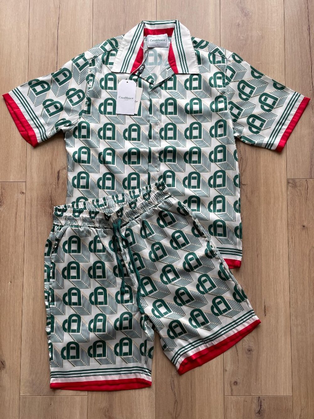 Small Size Casablanca Men's Green Silk Shirt/Short Set